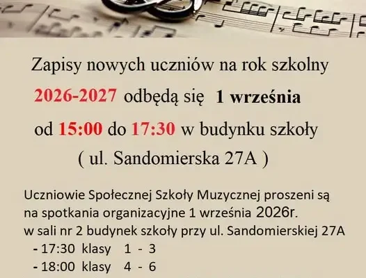 Zapisy do Społecznej Szkoły Muzycznej w Tarnobrzegu na rok 2026/2027