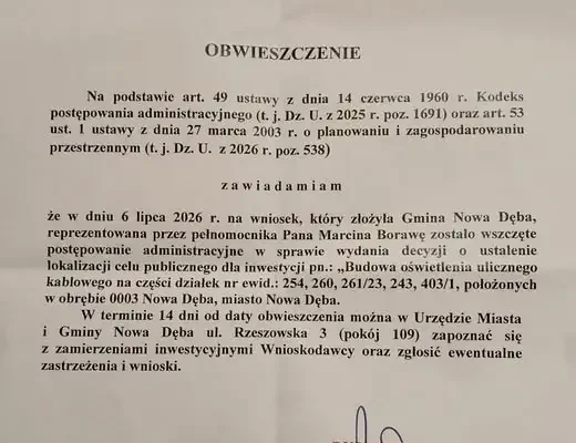 Nowa Dęba: postępowanie w sprawie lokalizacji inwestycji oświetleniowej