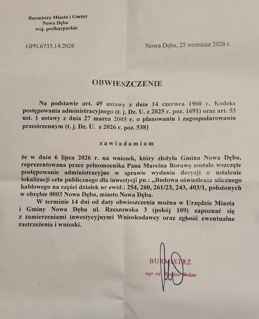 Nowa Dęba: postępowanie w sprawie lokalizacji inwestycji oświetleniowej