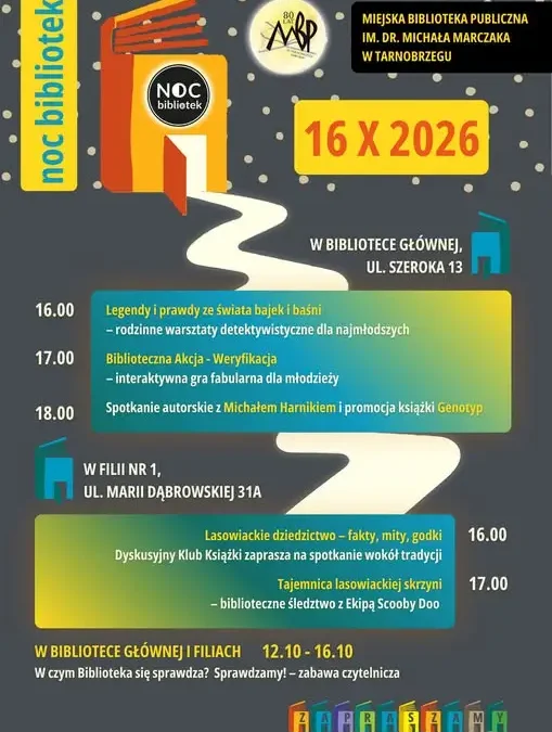 Noc Bibliotek 2026 w Tarnobrzegu – 16 października pod hasłem „Biblioteka (się) sprawdza!”