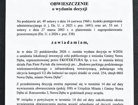 Nowa Dęba: podziemny parking na Plantach z funkcją ukrycia dla mieszkańców
