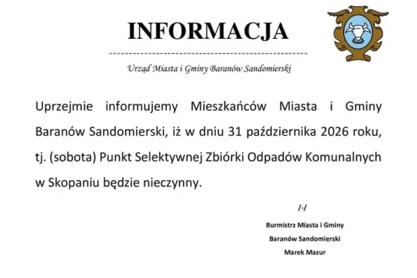 PSZOK w Skopaniu nieczynny w sobotę 31 października