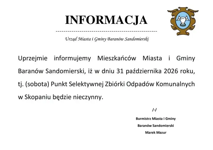 PSZOK w Skopaniu nieczynny w sobotę 31 października